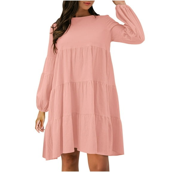 LLYwey s Womens Long Sleeve Dresses Solid Color Round Neck Lantern Long Sleeve Bodice Dress New formal Dresses Pinks S