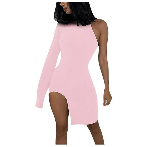LLYwey s Womens Maxi Dresses Shoulder Long Sleeve Tight Side Slit Clubwear New Cocktail Dresses Pinks S