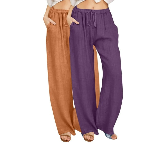 LLYwey Work Pants for Women Ladies Casual Trousers Solid Drawstring Waist Long Pants with Pocket New Full Length Pants Regular Fitted Purples L