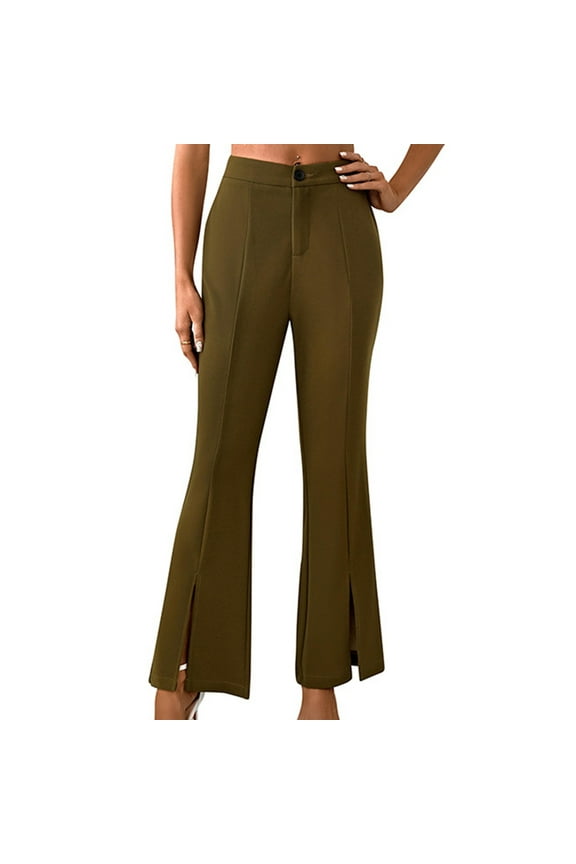 s Yoga Pants Women Ladies Front Split Cropped Pants Suit Pants Ladies High Waisted Flared Pants New Full Length Pants Trousers Regular Fitted Khaki XL
