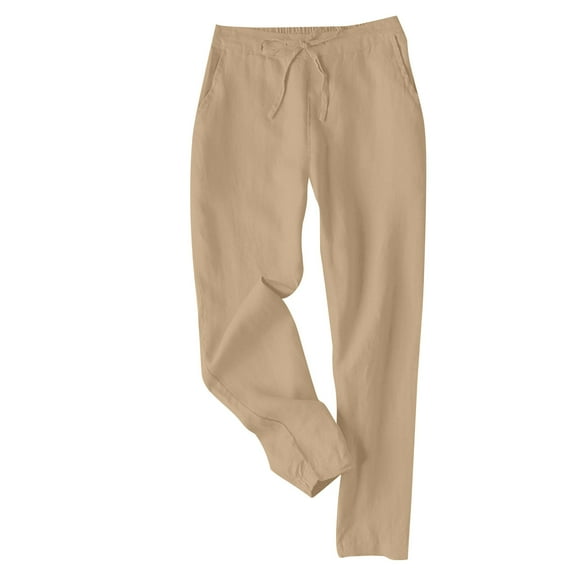LLYwey Wide Leg Pants Women Ladies Casual Slim Loose Cotton and Linen Ankle Drawstring Elastic Nine Quarter Pants New Full Length Pants Trousers Regular Fitted Khaki M