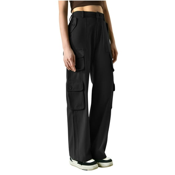 LLYwey in Clearance Womens Chinos Pants Cargo Pants for Ladies High Waist Comfort Straight Leg Cargo Pants Workout Cargo Pants for Fall with Multi Pocket New Full Length Pants Regular Fitted Black XS