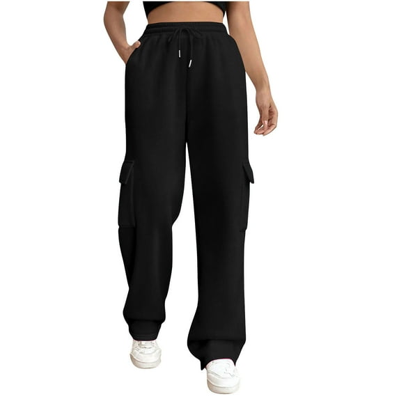 LLYwey Workout Pants Women Ladies Cargo Sweatpants Casual Baggy Fleece High Waisted Joggers Pants New Full Length Pants Trousers Regular Fitted Black L