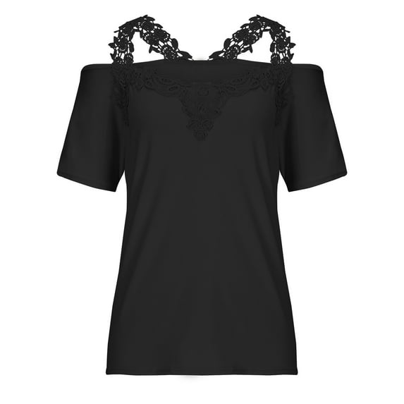 LLYwey Cold Shoulder Tunic Tops Women Lace V-Neck Short Sleeve Shirts Women's Plus Size Solid Color Lightweight Casual Loose Blouses Tees Shirts, Style-43, Black, 4XL