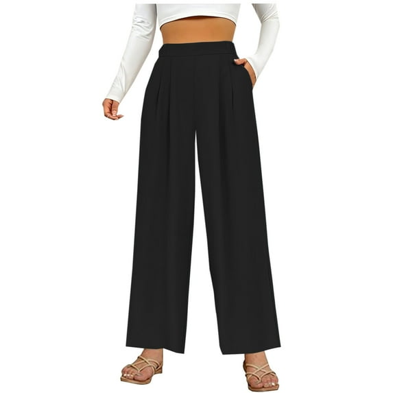 LLYwey Comfortable Pants For Women Women's Solid Color Non Elastic Loose High Waist Slim Casual Wide Leg Pants High Waisted Pants Female Long Pant Style H865 Black L