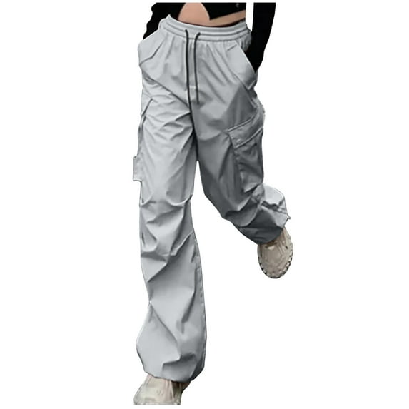 LLYwey Cotton Yoga Pants Women Loose Pants Casual Sports Pants Drawstring Cargo Pants Wide-leg Pockets High Waisted Plus Size Pants Female Long Pant Style H1600 Light Blue M