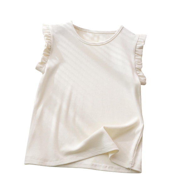 LLYwey Cute Ruffle Tank Tops for Girls Casual Ribbed Knit Crew Neck Sleeveless T-Shirts , T-17, Beige, 3T