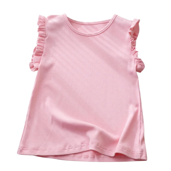 LLYwey Cute Ruffle Tank Tops for Girls Casual Ribbed Knit Crew Neck Sleeveless T-Shirts , T-17, Pinks, 10T