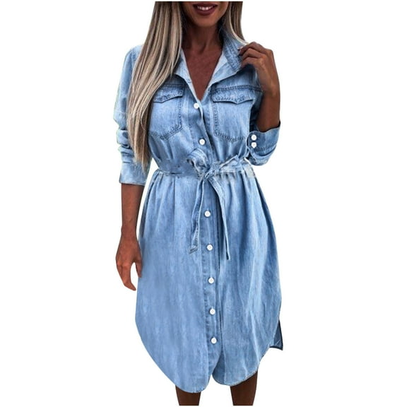 LLYwey Boho Dresses for Women 2024 Dress Denimen Long Sleeve Blue Solid Street Loose Blouse Dress New Party Dresses Blue Xl