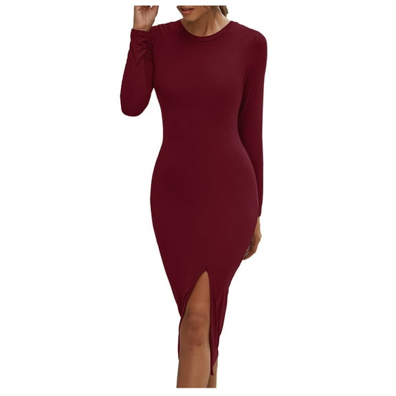 LLYwey Business Dresses for Women Fashion Long Sleeve Open fork Casual Knee-Length Long Slim Dress New Boho Dresses Wine Xs