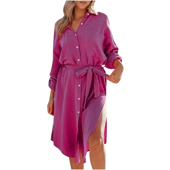 LLYwey Chiffon Dresses for Women formal Fashion Casual Lapel Solid Color Long Sleeve Shirt Dress Split Beach Sun Protection Coat New A-Line Dresses Purples L