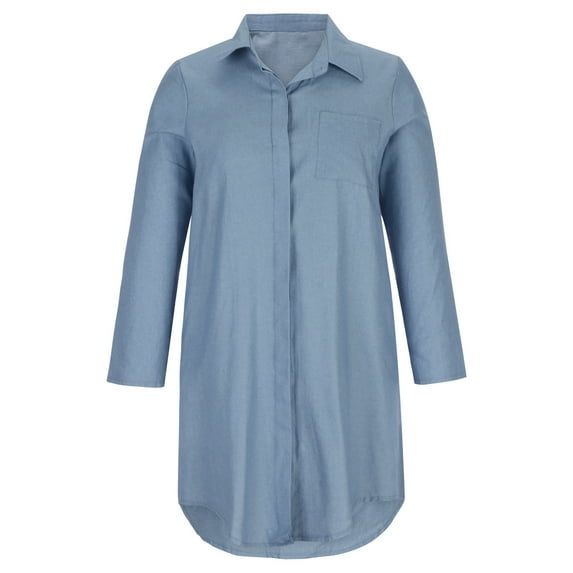 LLYwey Cocktail Dresses for Women 2024 Lapel Button Fashion Casual Solid Color Pocket Long Sleeve Shirt Dress New Casual Dresses Light Blue Xxl