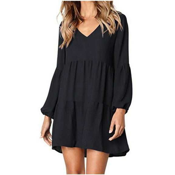 LLYwey Fall Cocktail Dresses for Women 2024 V-Neck Long Sleeve Loose Dress Lantern Sleeve Fashion Dress New Sweater Dresses Black S