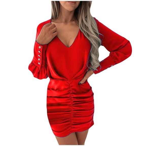 LLYwey Flowy Maxi Dresses for Women Fashion V Neck Solid Color Shirring Long Sleeve Slim Dress New Casual Dresses Red Xxl