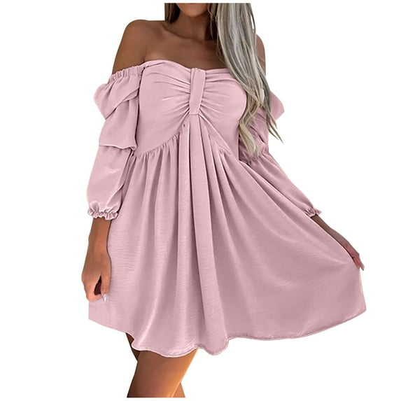 LLYwey Special Occasion Dresses for Women Fashion Casual Solid 3/4 Sleeve Ruffle Shoulder Mini Dress New Boho Dresses Pinks M