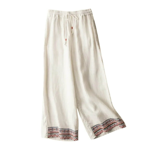 LLYwey Womens High Waisted Pants Summer Fashion Solid Color Embroidery Art Style Flowing Double Layer Thin Straight Leg Wide Leg Pants New Full Length Pants Regular Fitted White L