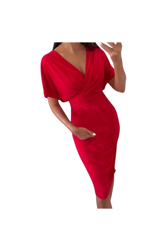 formal Wedding Guest Dresses for Women Summer Solid V-Neck Short Sleeve Hip Wrap Dresses New Bridesmaid Dresses Red M