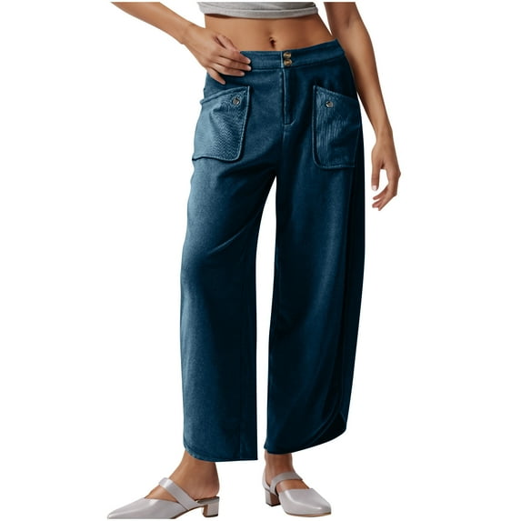 LLYwey Corduroy Pants Women Ladies Fall Solid Color Mid-Waist Double Button Casual Pants with Pocket New Full Length Pants Trousers Regular Fitted Navy M