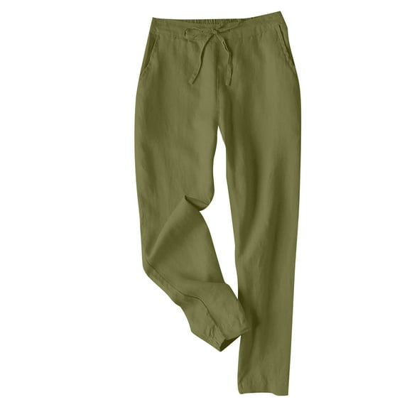 LLYwey Deals Dress Pants Women Ladies Casual Slim Loose Cotton and Linen Ankle Drawstring Elastic Nine Quarter Pants New Full Length Pants Trousers Regular Fitted Green-1 S