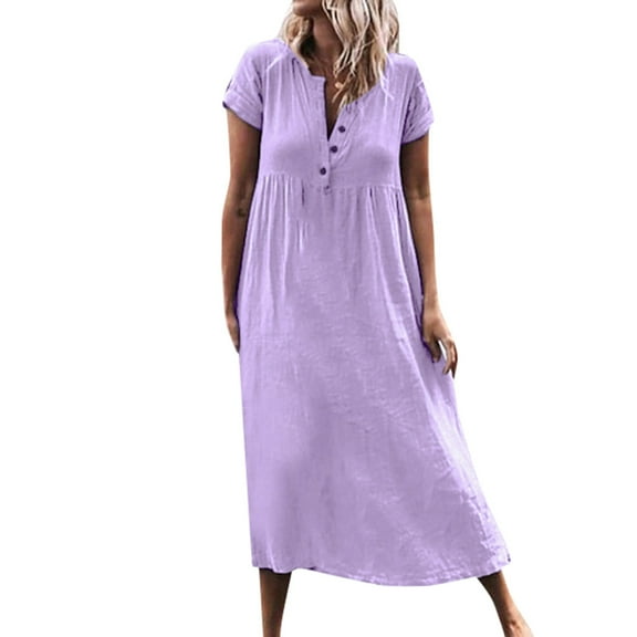 LLYwey Dresses for Women Long Sleeve Casual V-Neckline Roll up The Sleeve Dress Splice Button Dress New Maxi Dresses Purples Xxl
