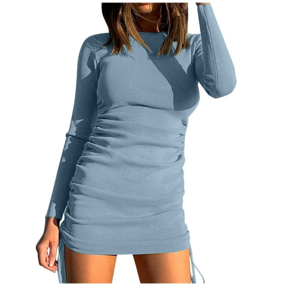 LLYwey Fall Wedding Guest Dresses for Women Casual Solid Color Side Drawstring Hip Fitted Sheath Long Sleeve Dress New formal Dresses Blue S