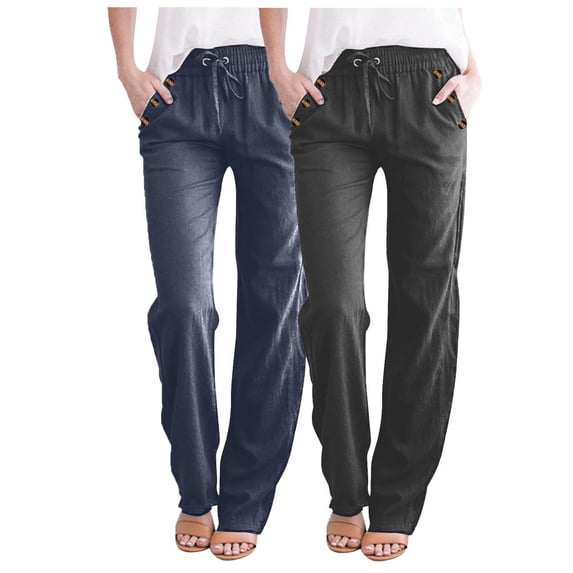 LLYwey Knit Pants for Women 2Pc Fashion Ladies Casual Solid Color Elastic Loose Pants Straight Wide Leg Trousers with Pocket New Full Length Pants Regular Fitted Navy XXL