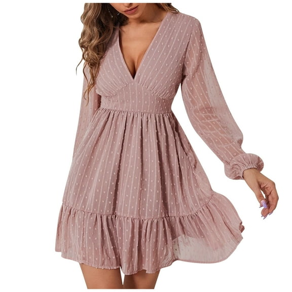 LLYwey Knitted Dresses for Women Fashion Long Sleeve V Neck Ruffle Dress New Party Dresses Pinks L