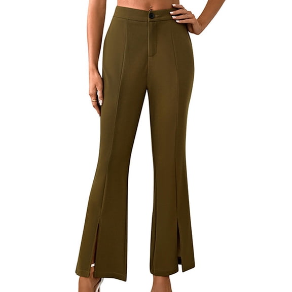 LLYwey Women's Athletic Pants Ladies Front Split Cropped Pants Suit Pants Ladies High Waisted Flared Pants New Full Length Pants Trousers Regular Fitted Khaki L