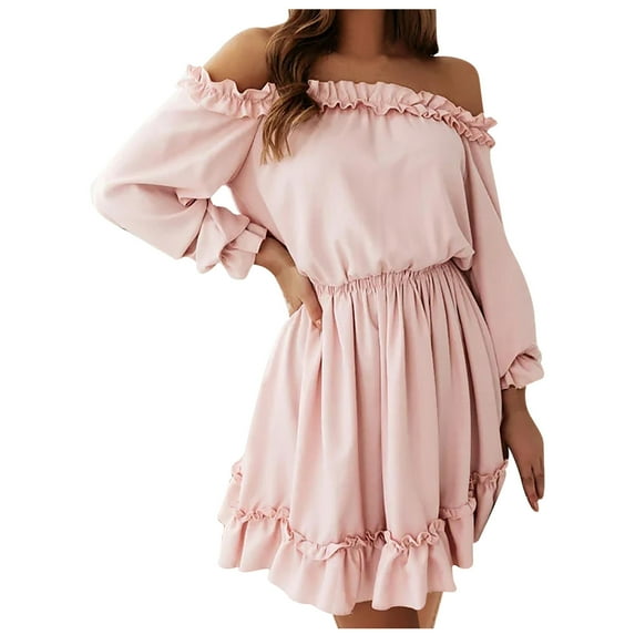 LLYwey Women's formal Dresses for Wedding Fashion Bohemian Off Shoulder Loose Long Sleeve A-Line Solid Dress New Bridesmaid Dresses Pinks M