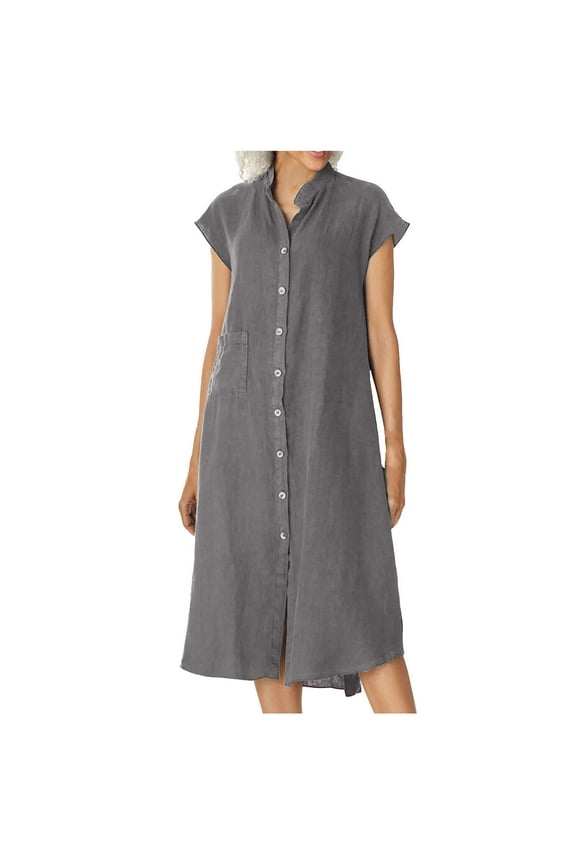 Womens Long Sleeve Dresses Fashion Summer Button Casual Solid V-Neck Short Sleeve Dress New Maxi Dresses Gray L