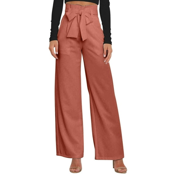 LLYwey Womens Pajama Pants Fashionable Ladies Casual Solid Color Bow High Waist Wide Leg Casual Pants New Full Length Pants Trousers Regular Fitted Red XL