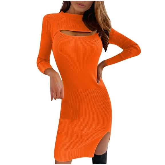 LLYwey formal Long Dresses for Women Fashion Solid Color Hollow Out Long Sleeve Sheath Knee-Length Dress New Sweater Dresses Orange 3Xl
