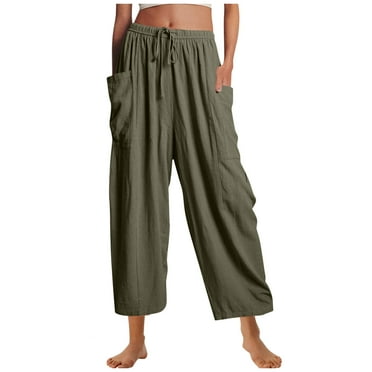 LLYwey Dress Pants For Women Women Casual Pant Loose Comfy Drawstring Wide Leg Crop Trousers with Pockets Capris Pants Female Plus Size Long Pant Style H09 Green-1 3XL
