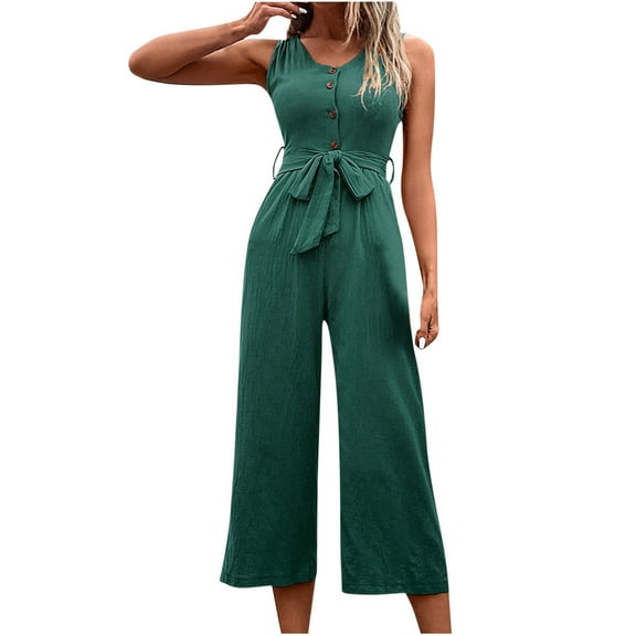 LLYwey Dress Pants For Women Women Casual Solid Pocket Romper Button V-Neck Sleeveless Tops Bandage Strap Jumpsuit Female Sweatpants Long Pant Style H1198 Green XL