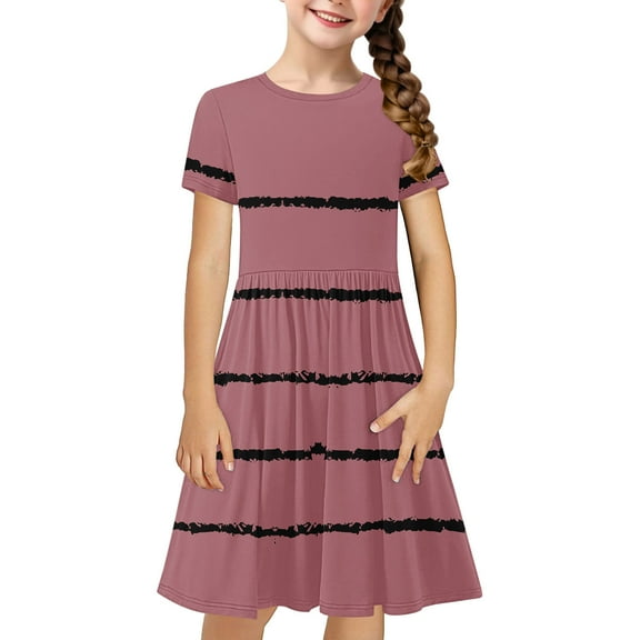 LLYwey Easter Dresses for Girls 10-12, Vintage Dress for Girls Summer Polka Dots Short Sleeve Collared Casual Sundress with Belted Pleated A-Line Evening Wedding Party Sundress, By-43, Pinks, 11T