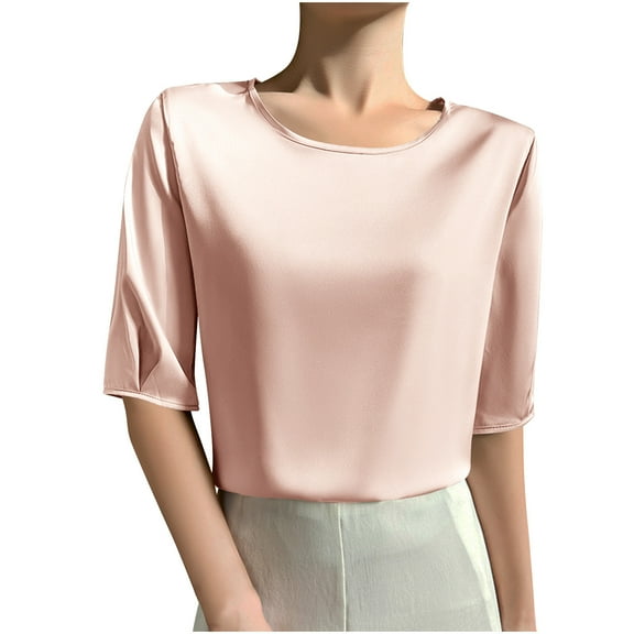 LLYwey Elbow-Length Tee Shirts for Women Polyester Crew Neck Short Sleeve T-Shirts Dressy Casual Blouses Shirts Workwear, Style-3, Pinks, XXL