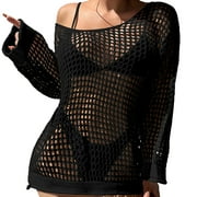 LLYWEY Fall Sweaters Deals Women's Color Long Sleeved Round Neck Hollowed Out Knitted Beach Bikini Cover Up Tie Up Dress Round Neck Pullover Blouses Shirts Black One Size