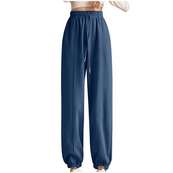 LLYwey Fleece Lined Pants for Women Plush Ladies Sports Solid Color Leggings Loose Casual Sanitary Pants Straight Tube Plus Size Long Pants New Winter Pants Blue XL