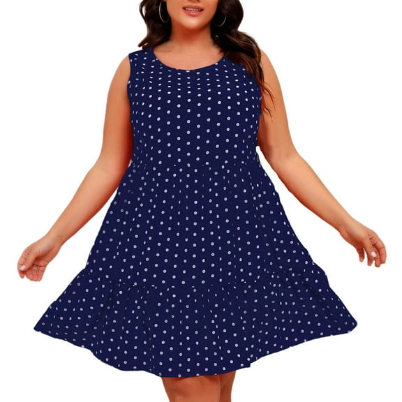 LLYwey Flowy Tank Dresses - Womens Plus Size Ruffle Midi Dresses - Summer Casual Sleeveless Vintage Polka Dots A-Line Beach Vacation Sundress, I-50, Dark Blue, L