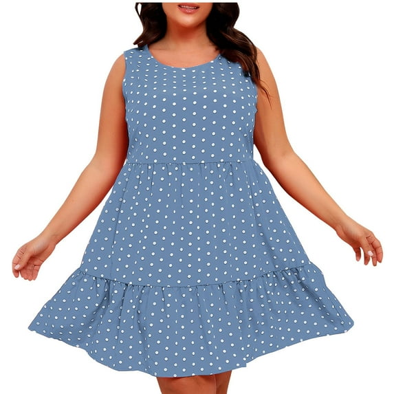 LLYwey Flowy Tank Dresses - Womens Plus Size Ruffle Midi Dresses - Summer Casual Sleeveless Vintage Polka Dots A-Line Beach Vacation Sundress, I-50, Light Blue, 4XL