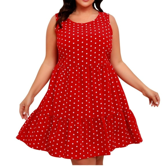 LLYwey Flowy Tank Dresses - Womens Plus Size Ruffle Midi Dresses - Summer Casual Sleeveless Vintage Polka Dots A-Line Beach Vacation Sundress, I-50, Red, XXL