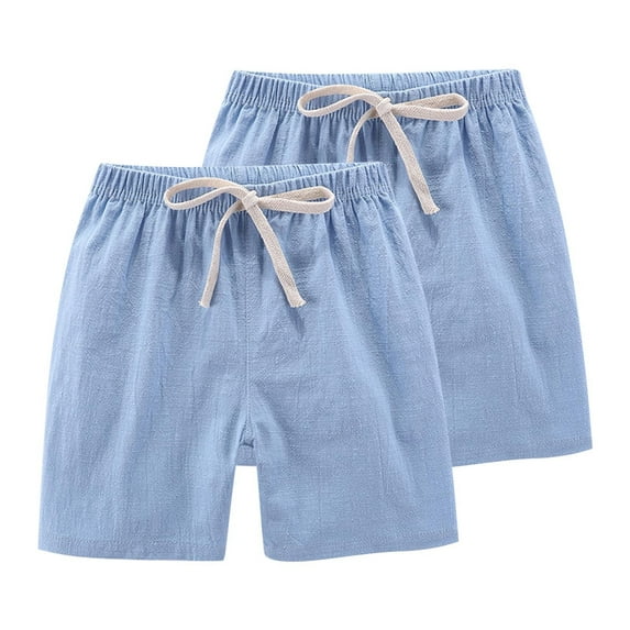 LLYwey Girl Drawstring Shorts 2 Pack, Teen Girls’ Elastic Waist Shorts with Pockets, Kids Casual Loose Linen Solid Color Straight Summer Short Pants, Style-4, Blue, 2-3T