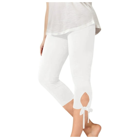 LLYwey Girls Athletic Capris Leggings , Kids Cropped Yoga Pants , Teen Girls Stretch Elastic Waist Pull on Dance Running Workout Capris Pants Tie Side, Style-38, White, 8T
