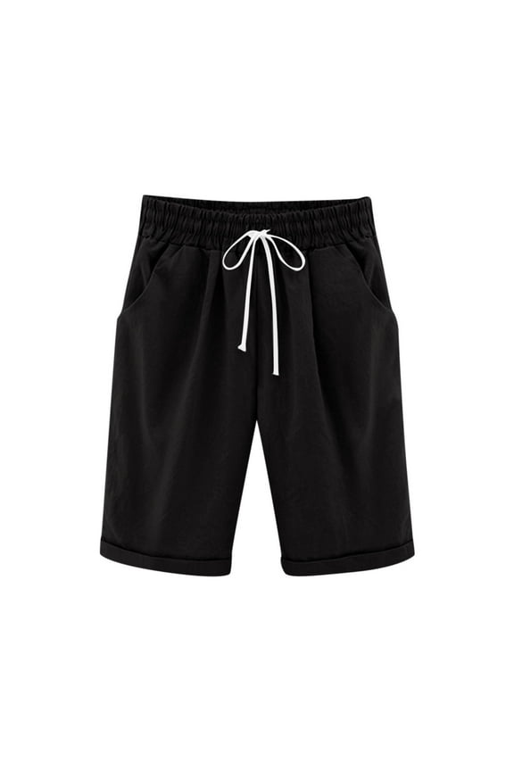 Girls Bermuda Shorts, Teen Girls Drawstring Elastic Waist Shorts with Pockets, Kids Solid Color Summer Casual Cotton Linen Straight Leg Short Pants, Style-3, Black, 3-4T