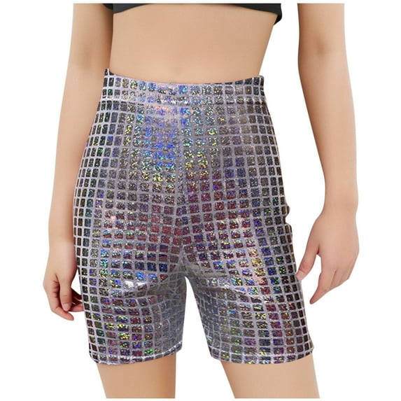 LLYwey Girls Biker Shorts, Toddler Dance Shorts for Gymnastics, Kids Glitter High Waisted Athletic Short Pants, New-Md47, Silvers, 9T