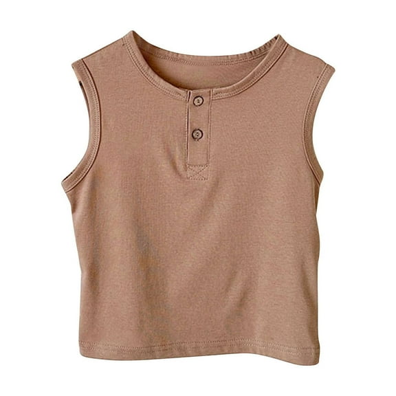 LLYwey Girls Button up Tank Tops, Toddler Round Neck Sleeveless Tees Shirts, Kids Solid Color Summer Tanks Cotton Undershirt, T-87, Coffee, 2T