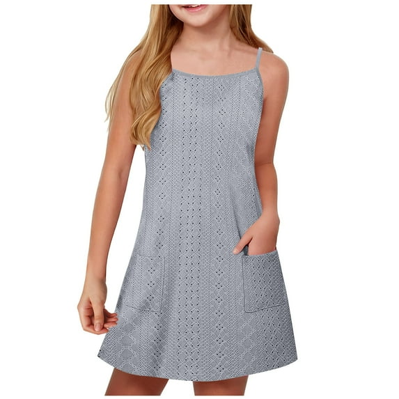 LLYwey Girls Camisole Dresses, Toddler Girls’ Spaghetti Strap Sleeveless Mini Dresses with Pockets, Gray, 5T