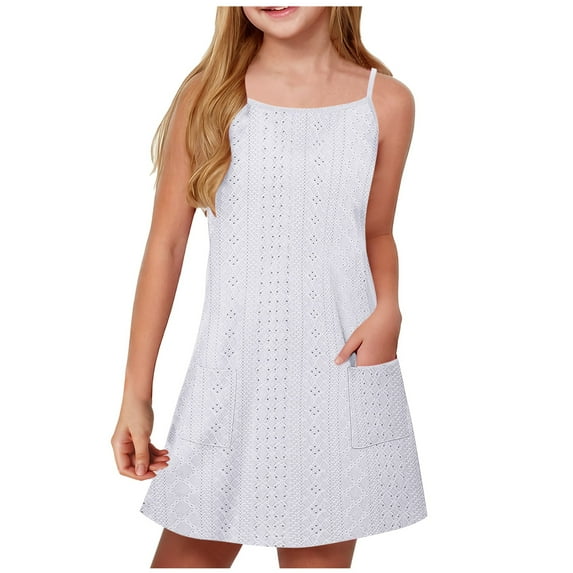 LLYwey Girls Camisole Dresses, Toddler Girls’ Spaghetti Strap Sleeveless Mini Dresses with Pockets, White, 11T