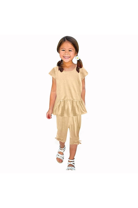 Girls Capris Outfits, Toddler Girls 2 Piece Sets, Kids Casual Loose Round Neck Short Sleeve Ruffle Tops and Pull on Elastic Waist Cropped Pants with Bow Two Piece Outfits Sets, , Khaki, 1T