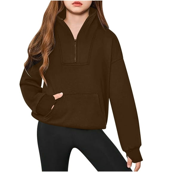 LLYwey Girls Crop Quarter Zip Sweatshirt - Kids Half Zip Sweatshirt with Thumb Hole - Winter Fleece Long Sleeve Collared Solid Pullover Sweater Tops Pockets Coffee 5T